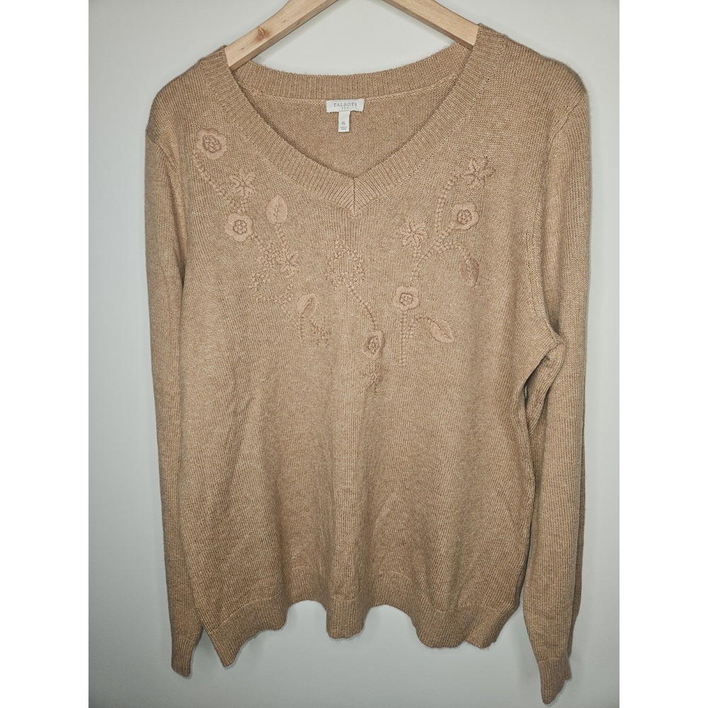 Talbots Sweater Women XL Tan Embroidered Cotton Blend Neutral Coastal Preppy
